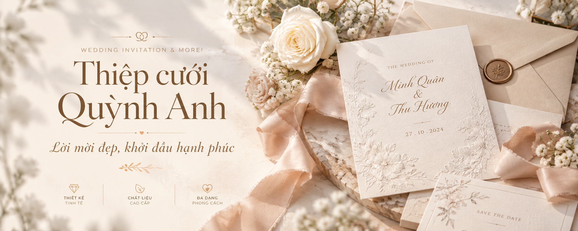 Thiệp cưới Quỳnh Anh – Lời mời đẹp, khởi đầu hạnh phúc. Thiệp cưới cao cấp với hoa trắng và ruy băng lụa